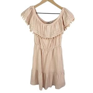 Lush Off Shoulder Pom Pom Layered Mini Dress Small Pink Boho‎ Coastal Cowgirl